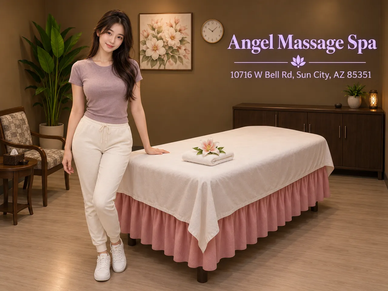 Friendly staff in a clean, private room for Trigger Point Massage at Angel Massage Spa in Sun City, AZ
