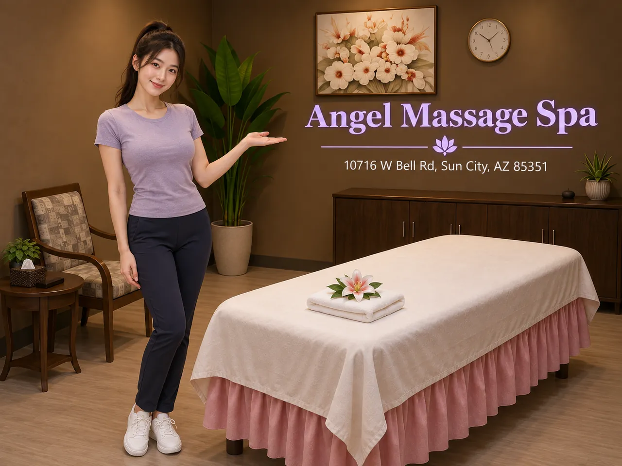 Staff member beside a clean massage table at Angel Massage Spa in Sun City, AZ