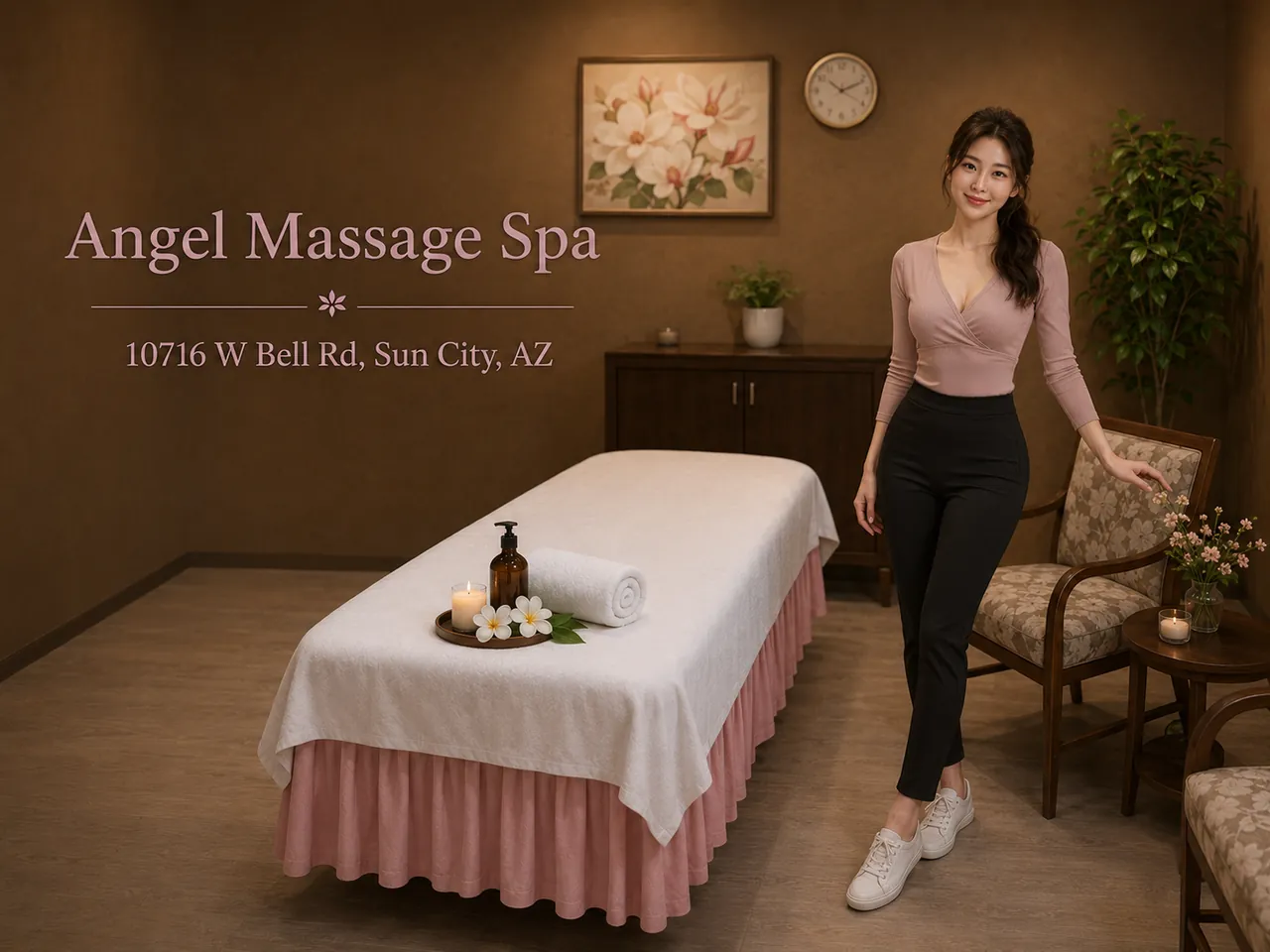 Staff member in a clean massage room at Angel Massage Spa in Sun City, AZ