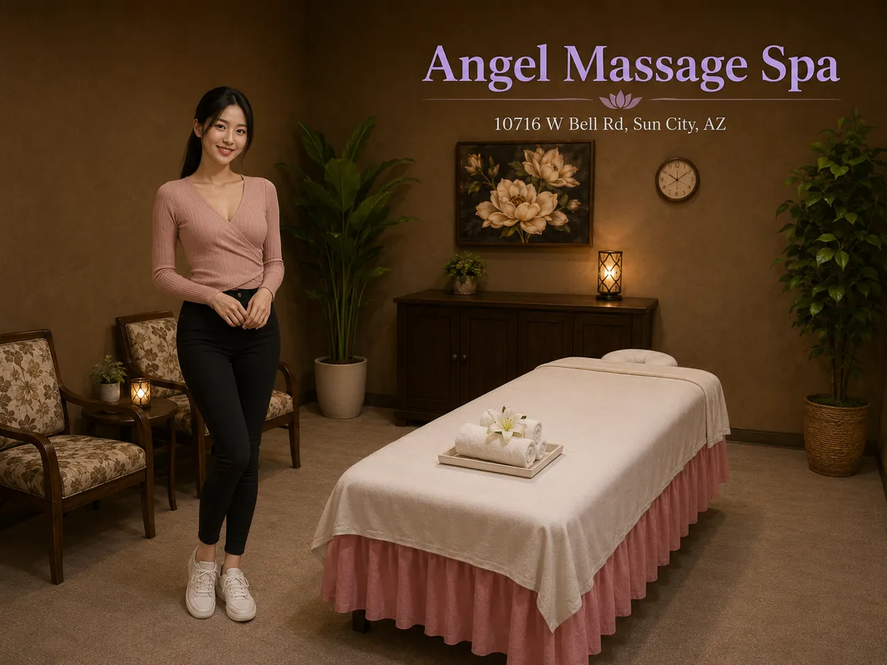 Staff member beside a clean massage table at Angel Massage Spa in Sun City, AZ