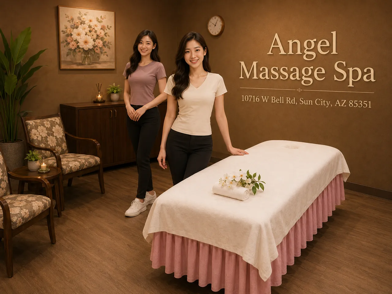 Two staff members beside a clean massage table at Angel Massage Spa in Sun City, AZ