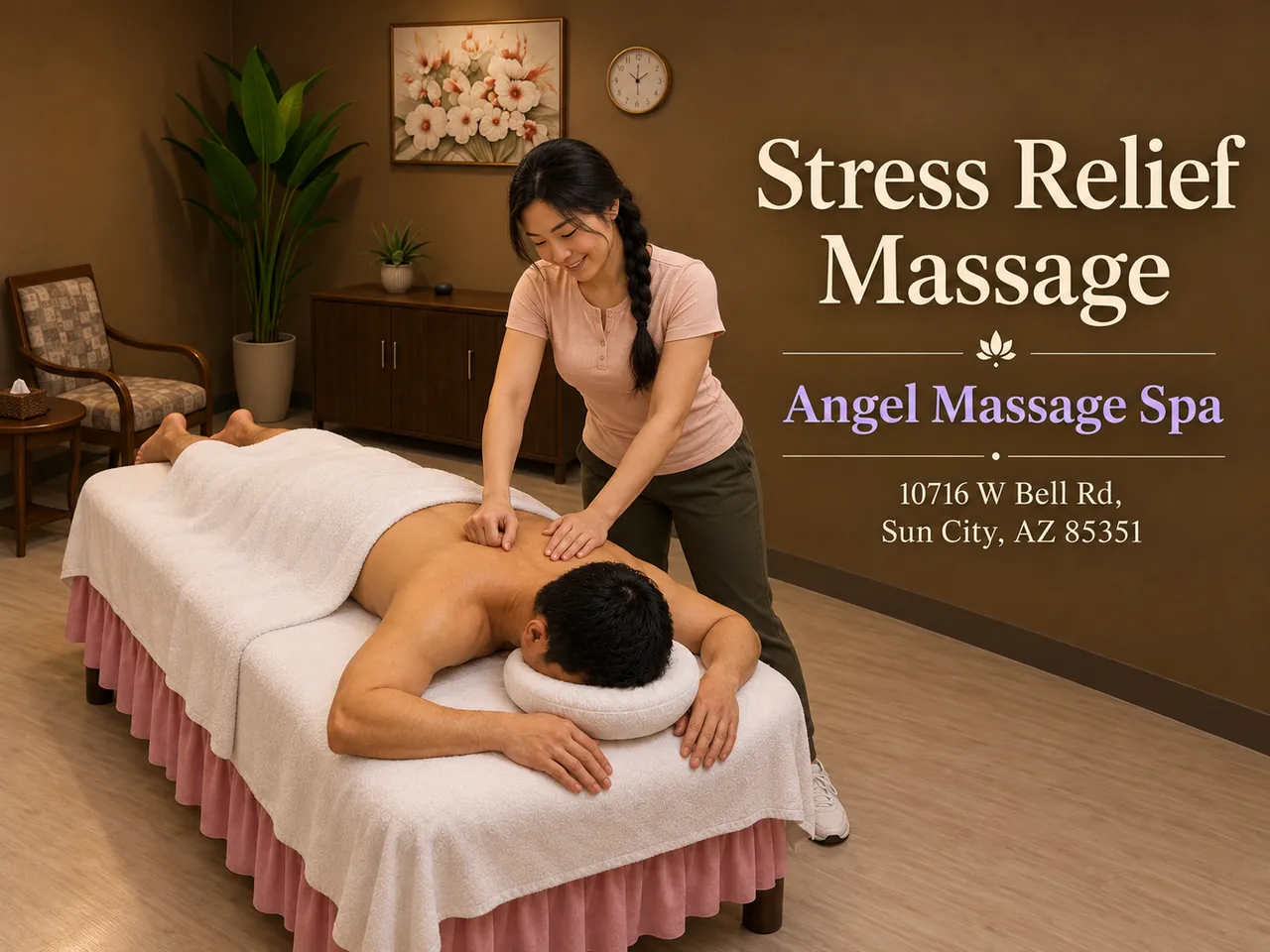 Stress relief massage on the neck and shoulders at Angel Massage Spa in Sun City, AZ