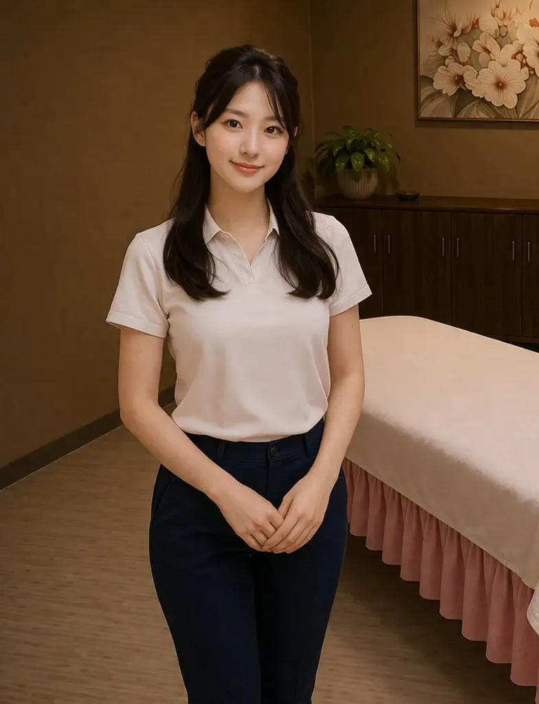 Friendly therapist beside a private massage room